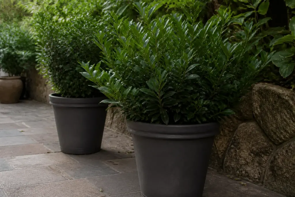 Grands pots contenant laurier-tin feuillage persistant vert foncé