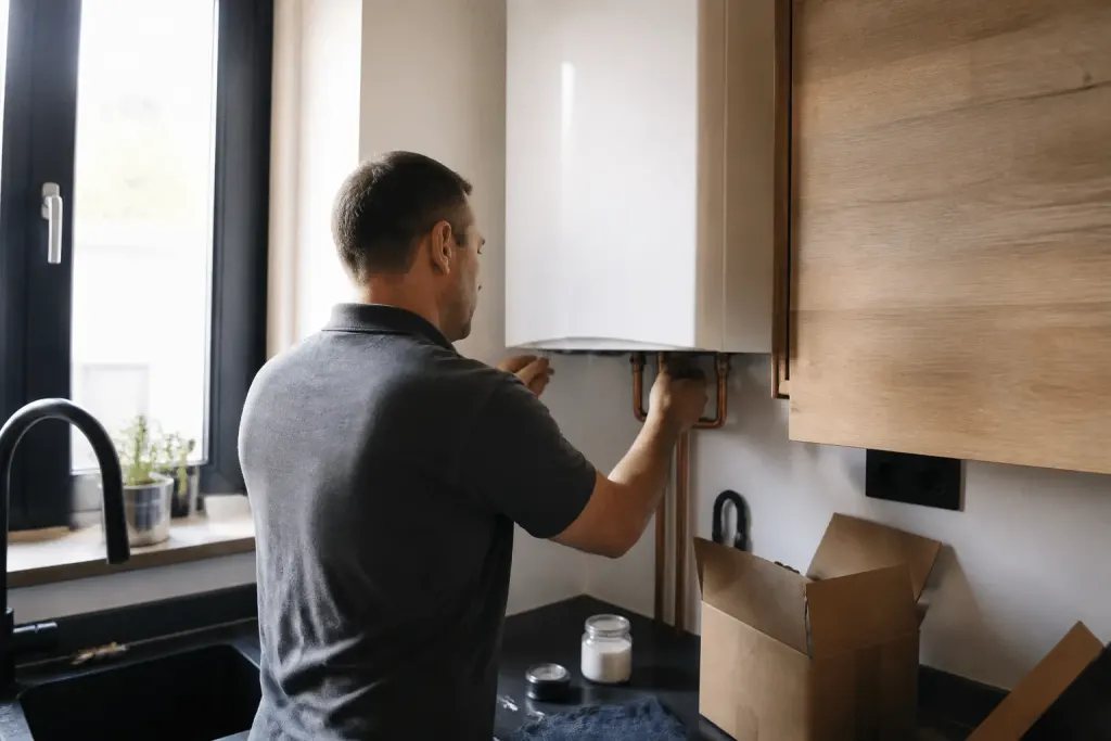 Technicien installant chaudière électrique compacte dans cuisine moderne