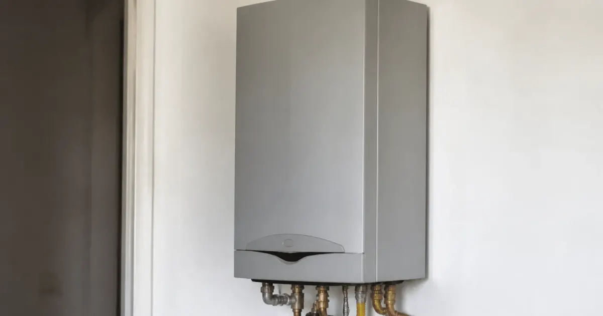Chaudiere condensation grise installee verticalement sur mur blanc