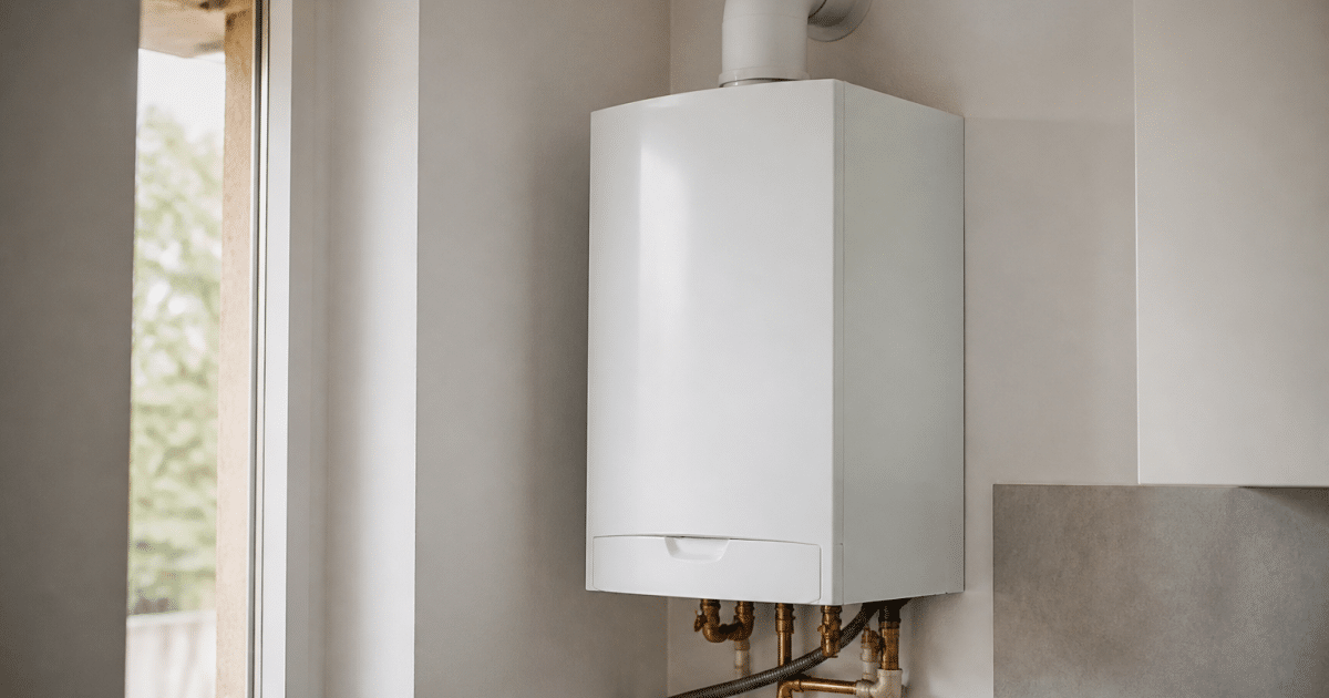 Chaudière gaz moderne fixée au mur blanc