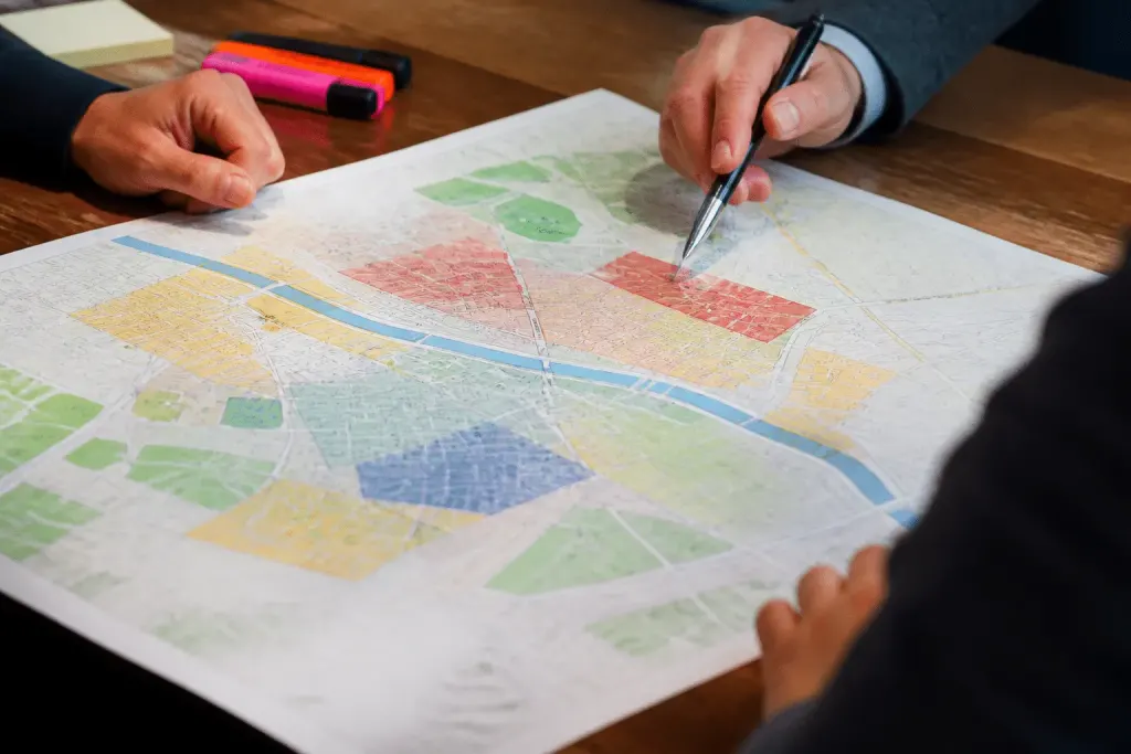 Carte urbaine avec zones colorees indiquant securite et prix immobiliers
