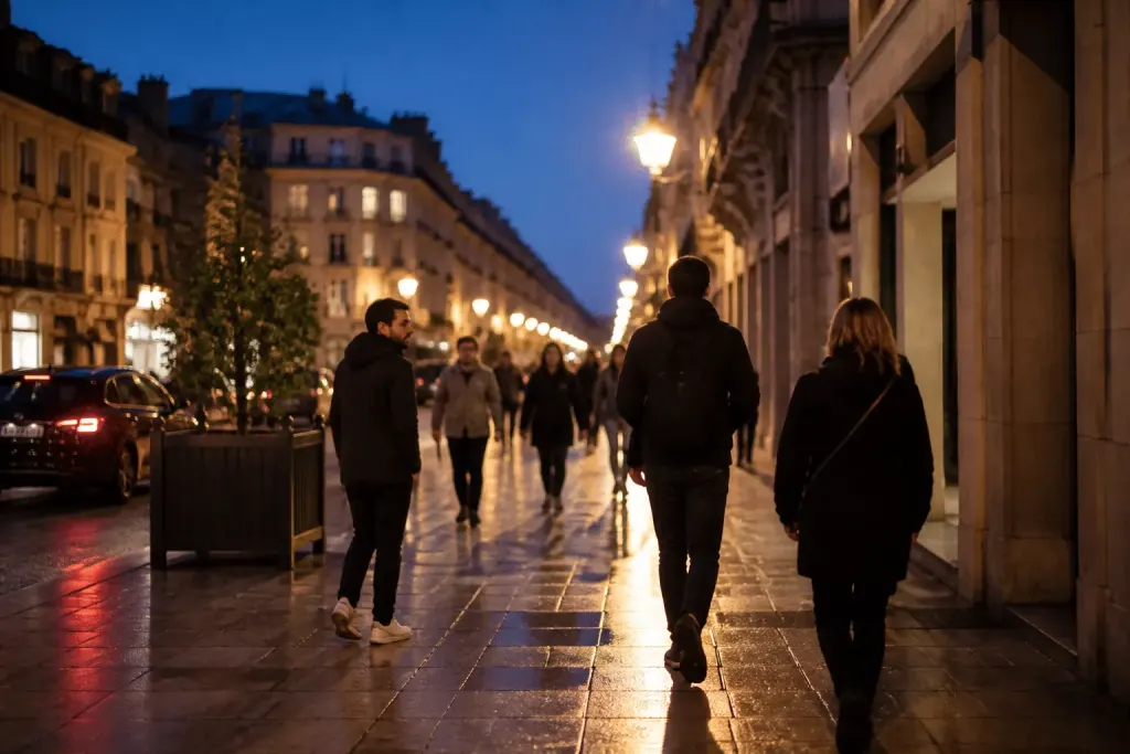 Rue de Caen animee le soir avec passants et eclairage public