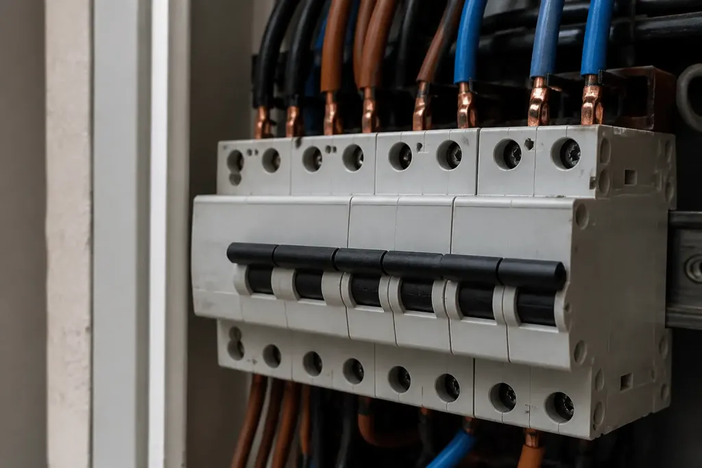 Disjoncteur electrique gris avec cables cuivre connectes tableau