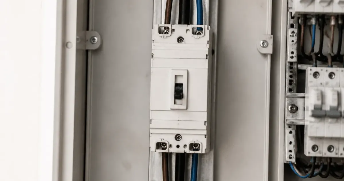 Disjoncteur principal monté verticalement sur rail dans tableau electrique