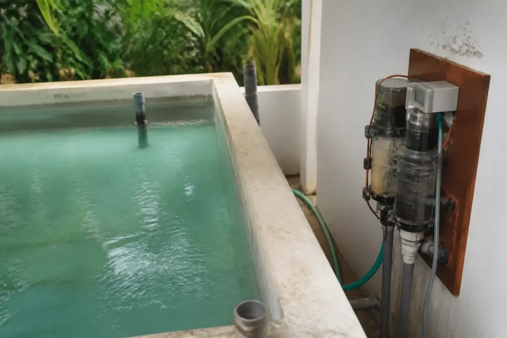 Reservoir with salt water electrolysis system producing chlorine continuously
