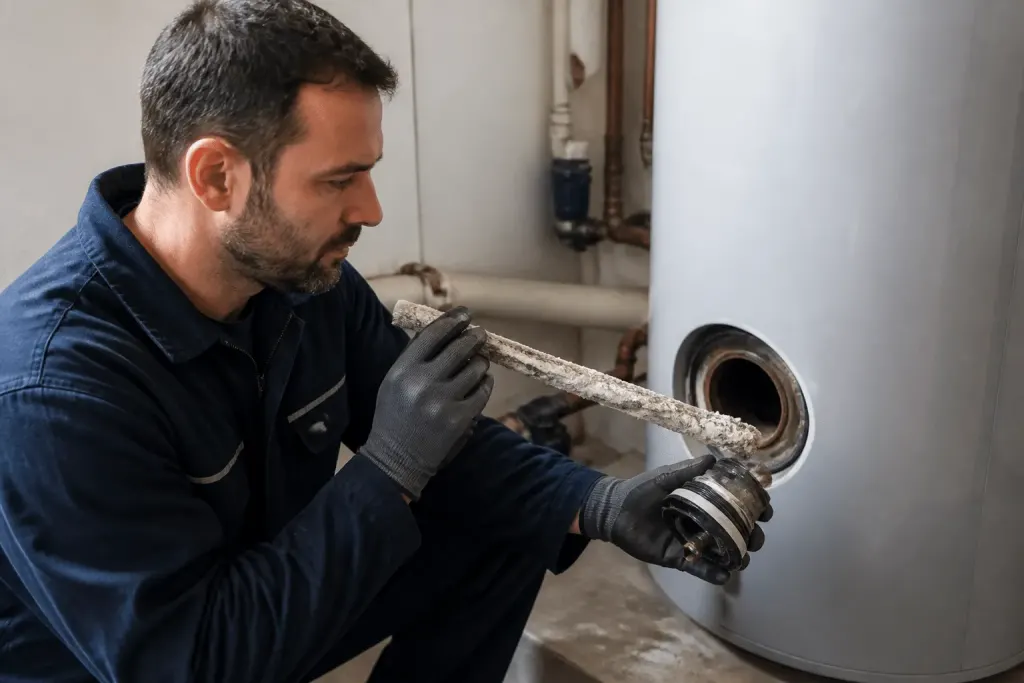 Technicien inspectant anode magnésium dans chauffe-eau