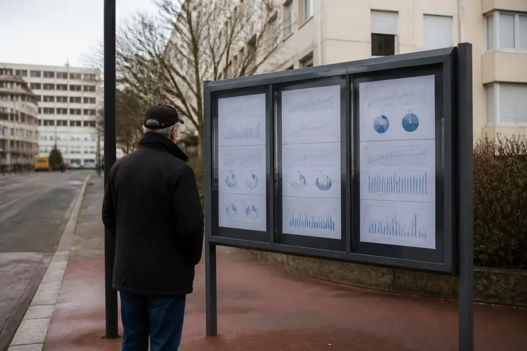 Panneau statistiques criminalité affichant chiffres sécurité quartier Caen