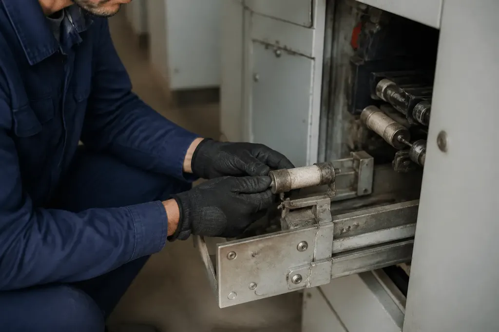 Main extracting blown fuse cartridge from electrical panel drawer