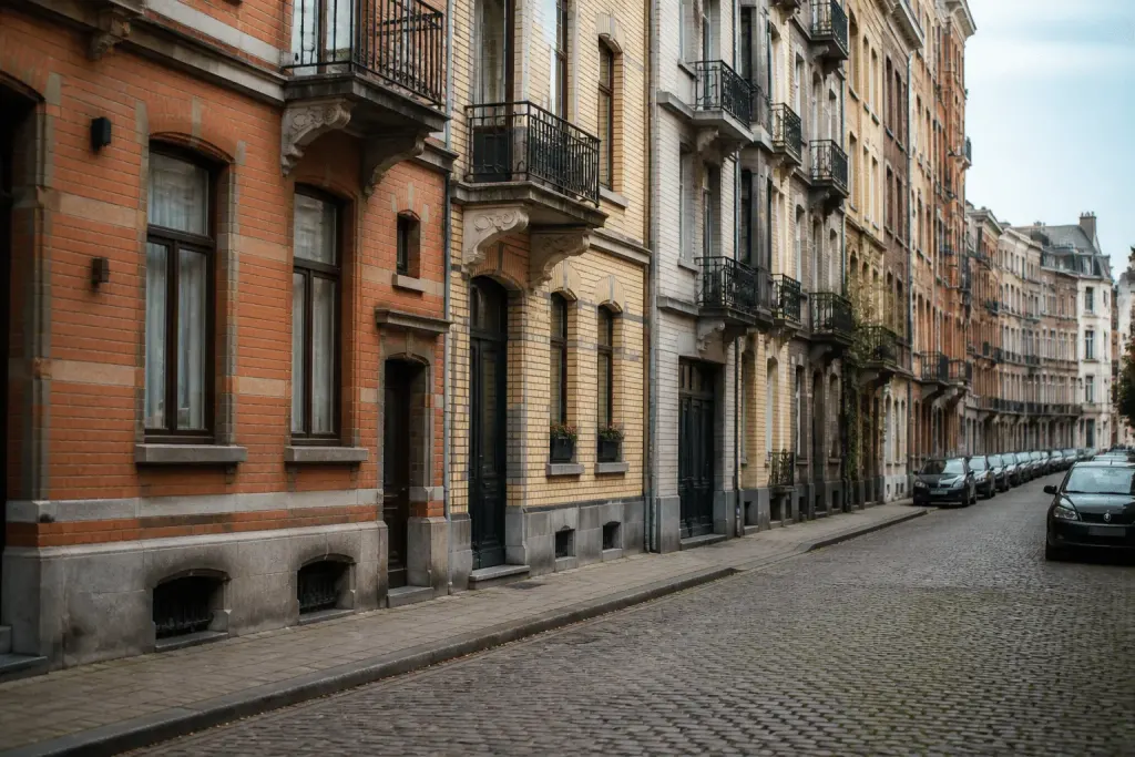 Immeubles résidentiels denses longeant avenue historique pavée