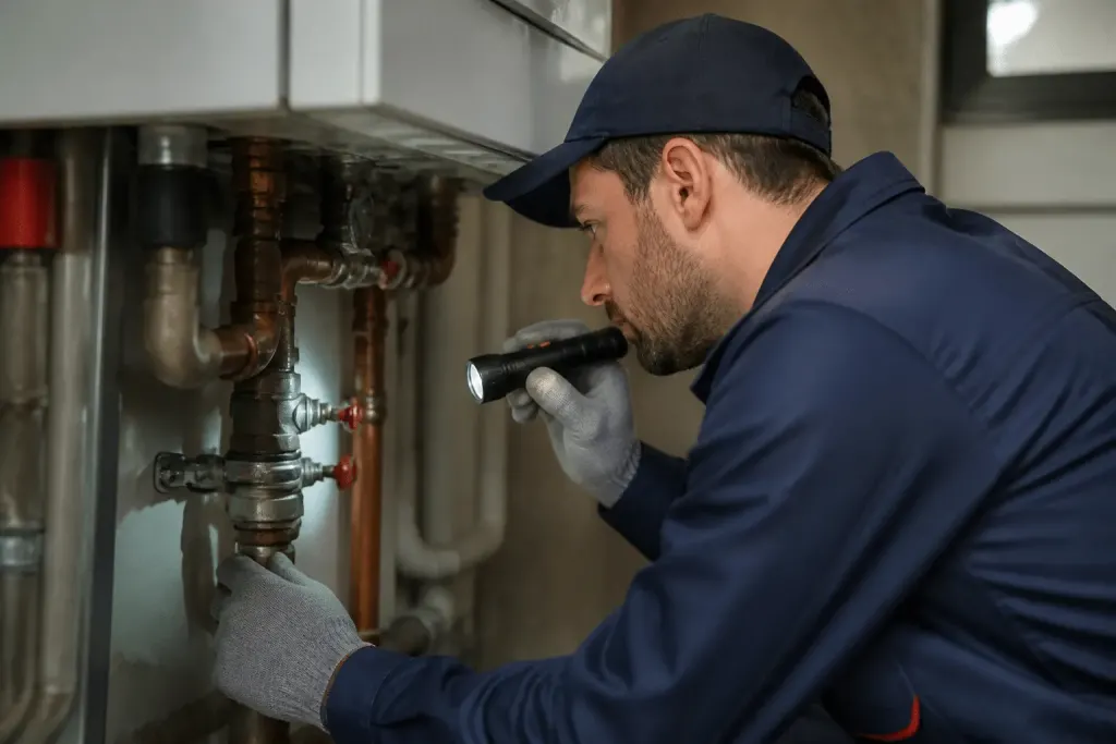 Technicien inspectant raccords humides chaudière