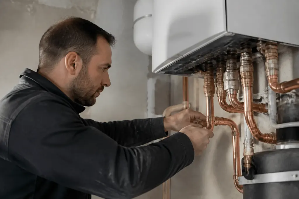 Technicien installant tuyauterie de chaudière moderne
