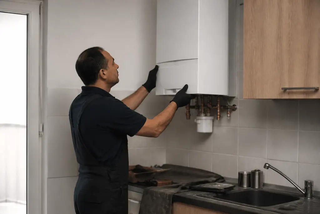 Technicien installant une chaudière électrique dans cuisine