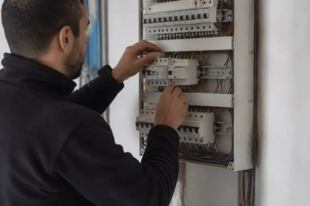 Electricien installant contacteur jour nuit sur tableau electrique