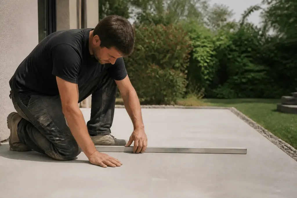 Ouvrier verifiant dalle beton avant installation pergola