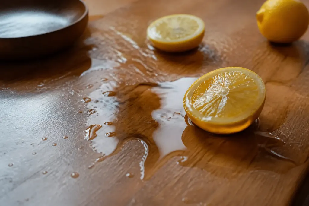 Citron et huile sur surface bois brillante