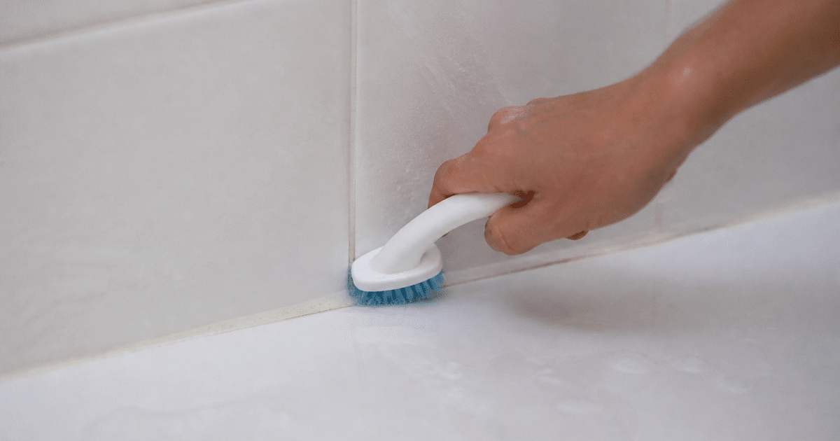 Brosse appliquee sur joints carrelage blanc salle bain
