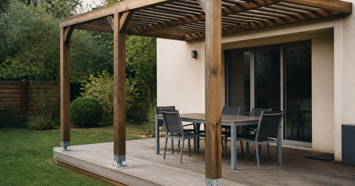 Pergola en bois fixee sur terrasse avec plots de fondation visibles