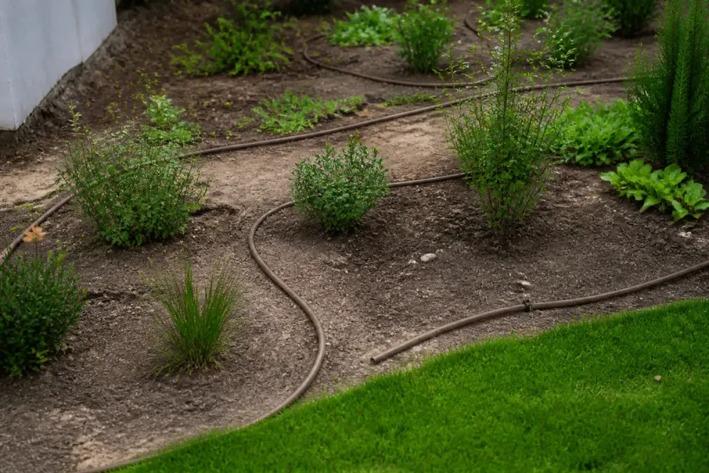 Plan jardin avec zones arrosage délimitées et tuyaux tracés