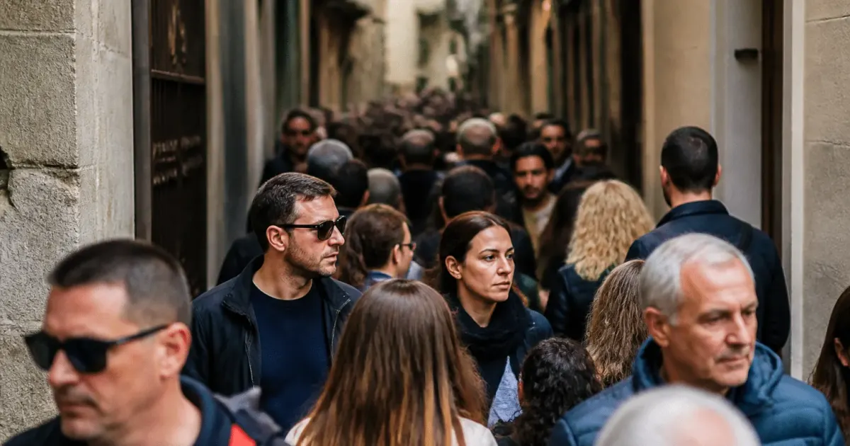 Foule dense de personnes debout dans rue urbaine etroite