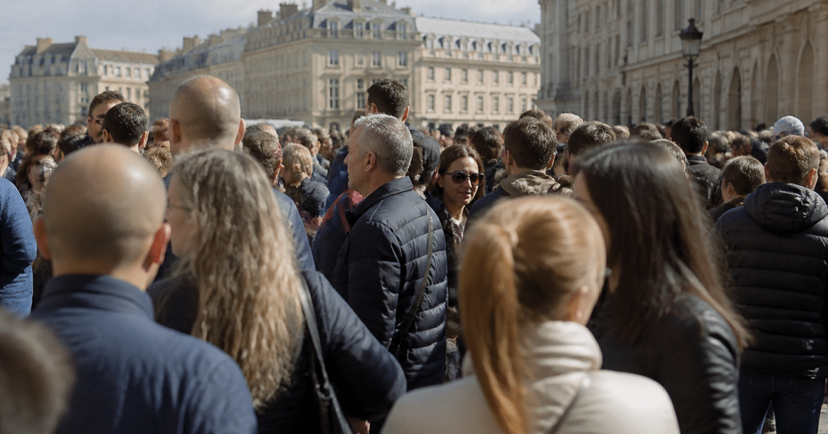 Foule dense de residents debout dans rue pavee de Versailles