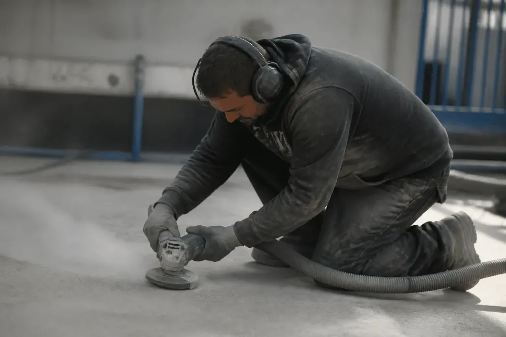 Ouvrier ponçant surface béton gris avec équipement