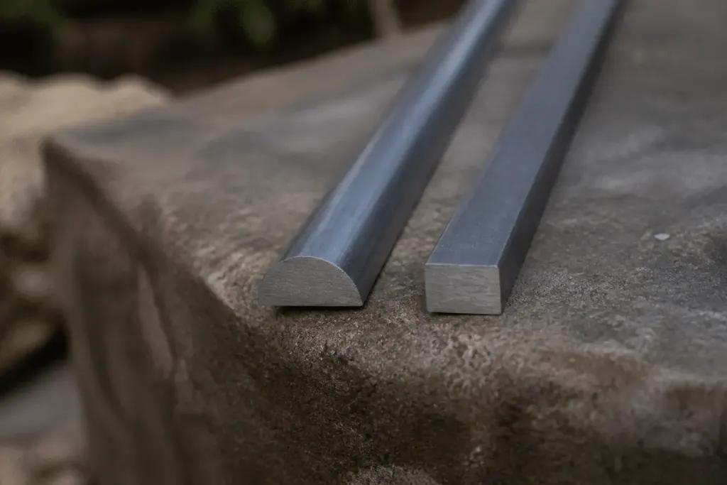 Deux profils aluminium demi-ronde et carrée alignes