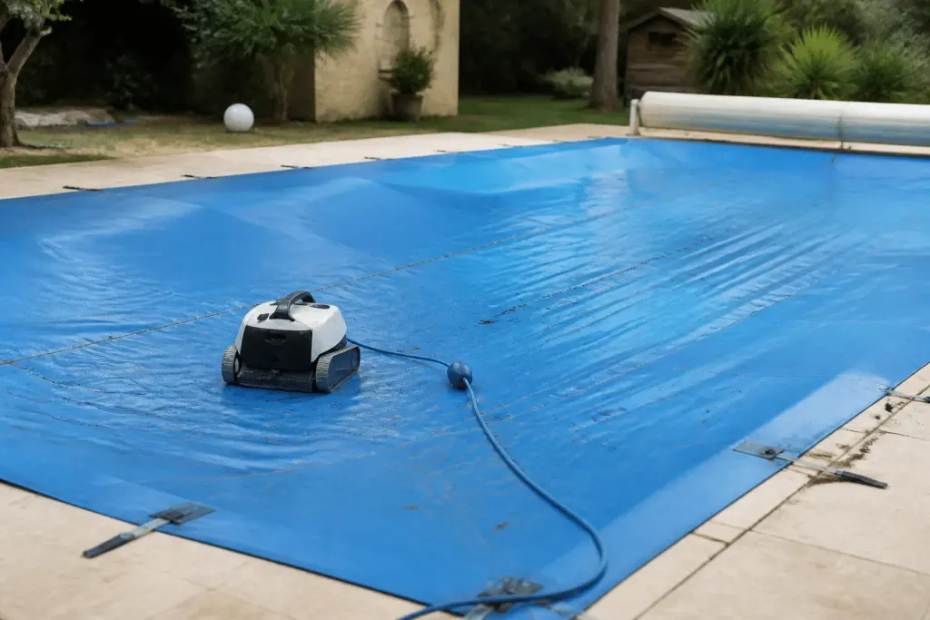 Bâche bleue couvrant piscine avec robot nettoyeur au sol