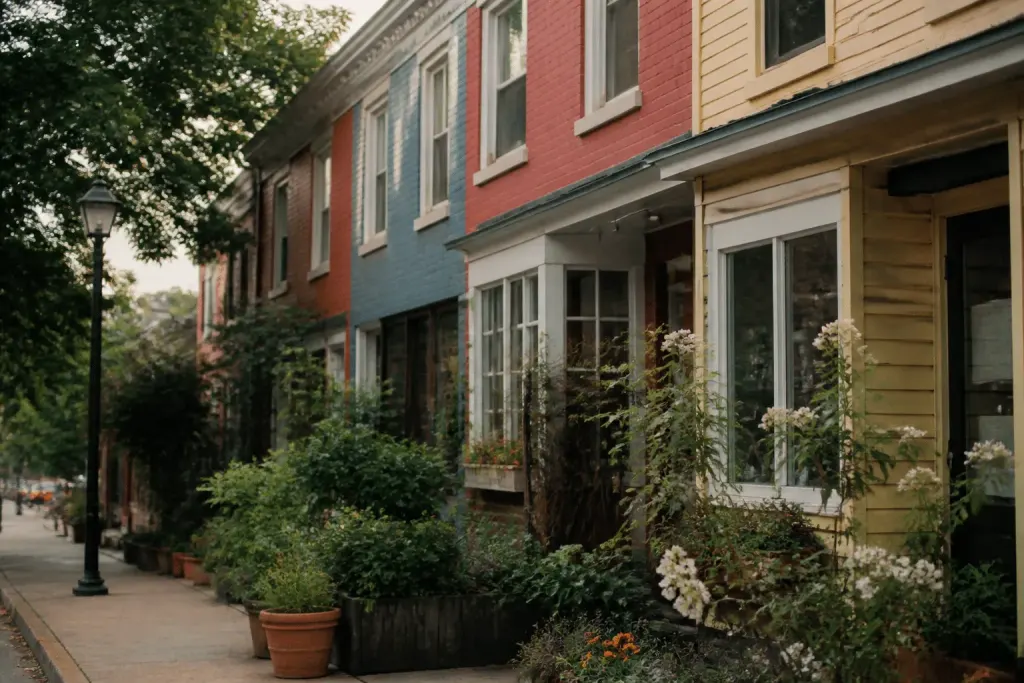 Maisons colorées avec jardins et commerces de quartier calme