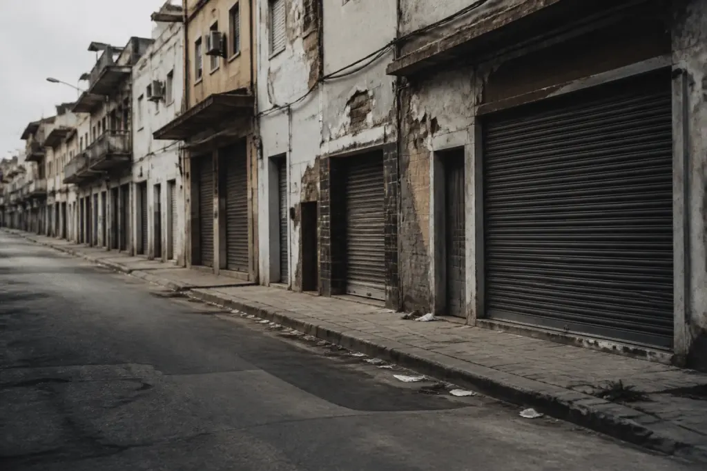 Rues vides avec immeubles degrades et commerces fermes.