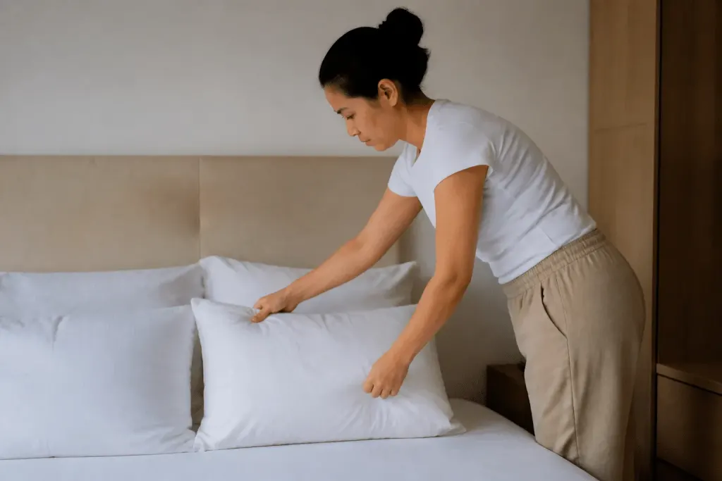 Main arranging white pillows on neatly made bed
