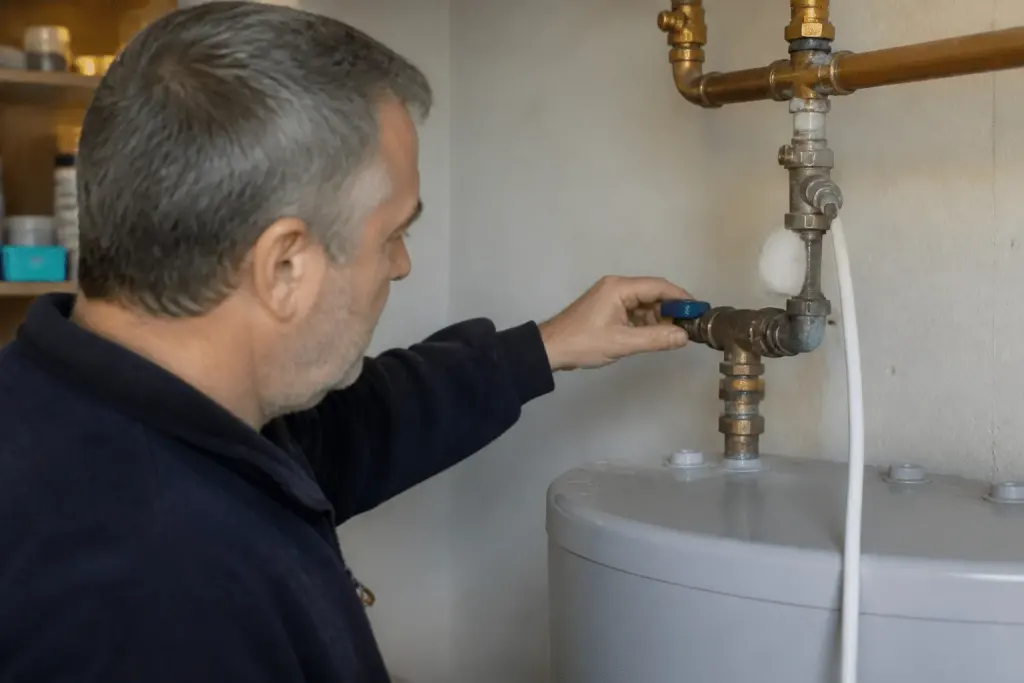 Technicien fermant robinet eau froide chauffe-eau métal