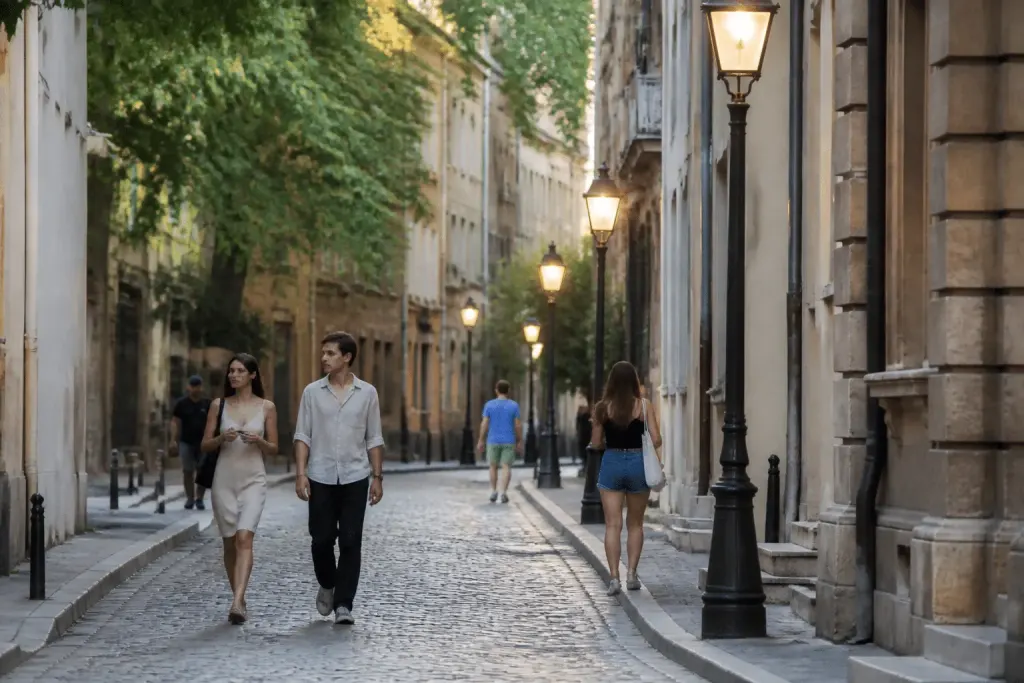 Rue pavée d'Aix-en-Provence éclairée avec lampadaires et piétons
