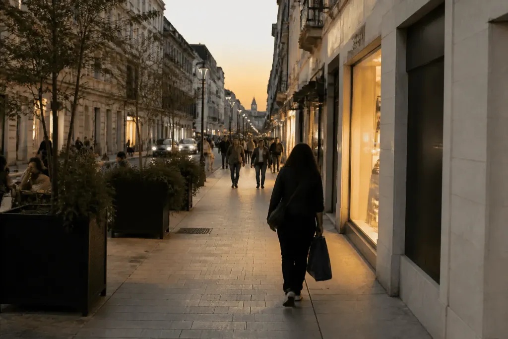 Rue eclairee de Tours avec commerces et passants en soiree