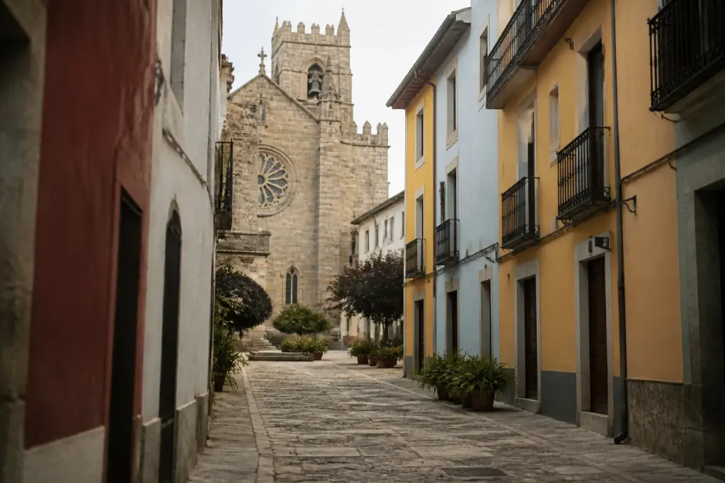 Ruelle pietonne avec cathedrale medievale et facades colorees