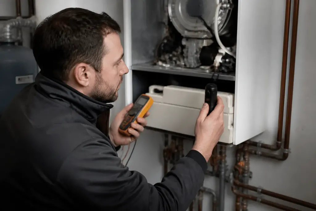 Technicien inspectant chaudiere avec multimetre et detecteur fumee