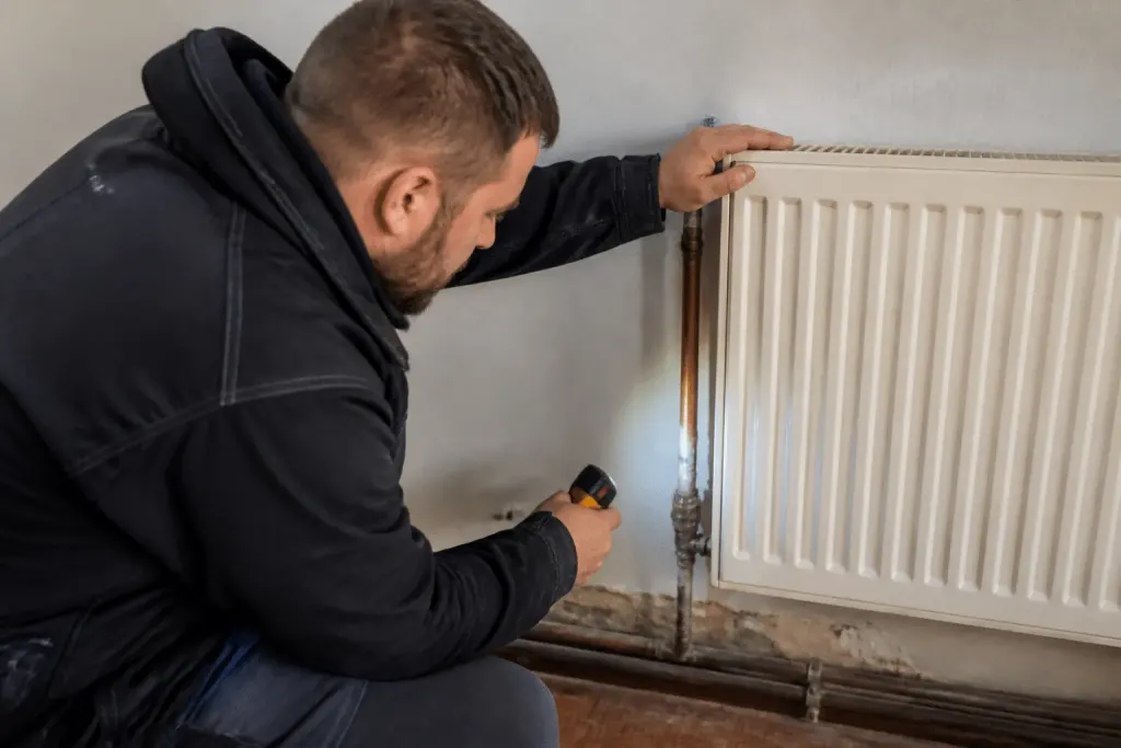 Technicien inspectant radiateur et tuyauterie chauffage pour detecter fuite