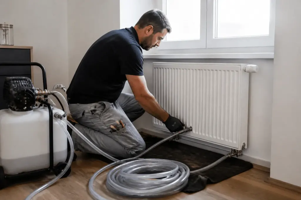 Technicien nettoyant radiateur avec équipement désembouage professionnel