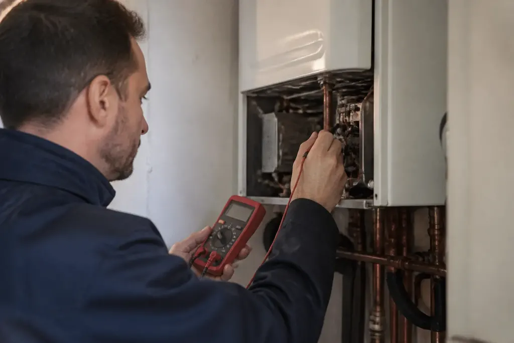 Technicien inspectant boiler Frisquet avec multimetre rouge