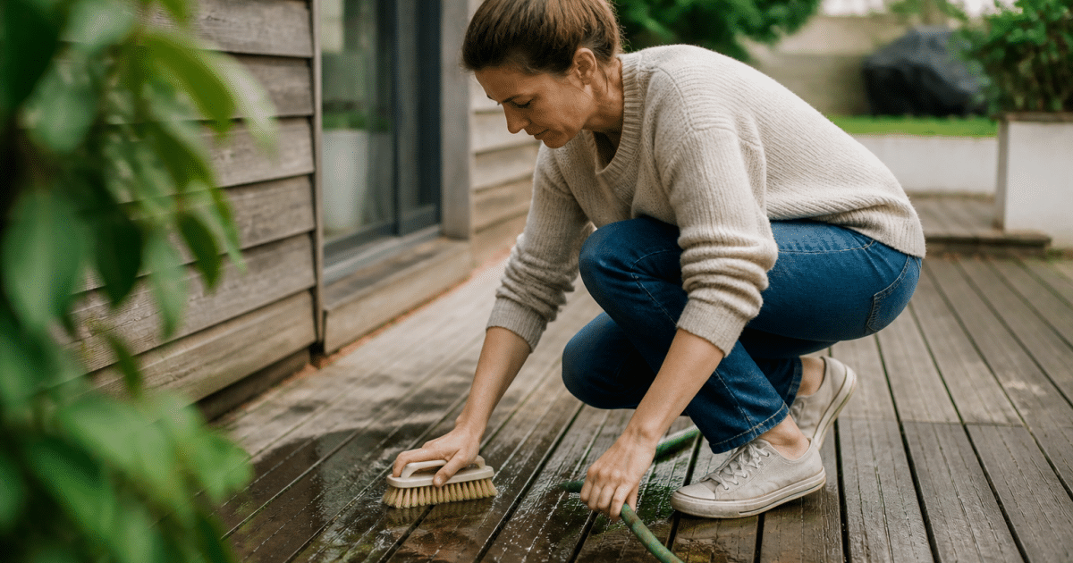 Personne accroupie nettoyant planches bois terrasse brosse eau