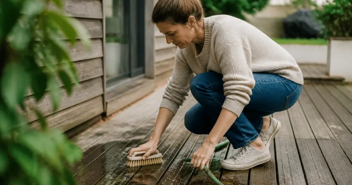 Personne accroupie nettoyant planches bois terrasse brosse eau