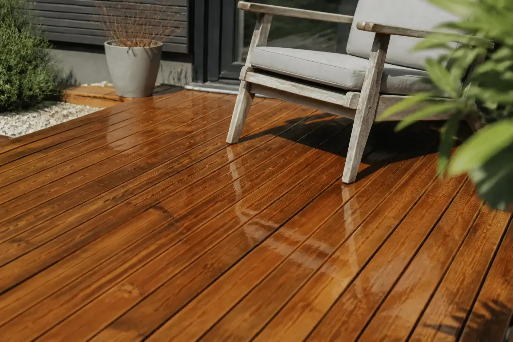 Bois de terrasse traité avec huile protectrice brillante