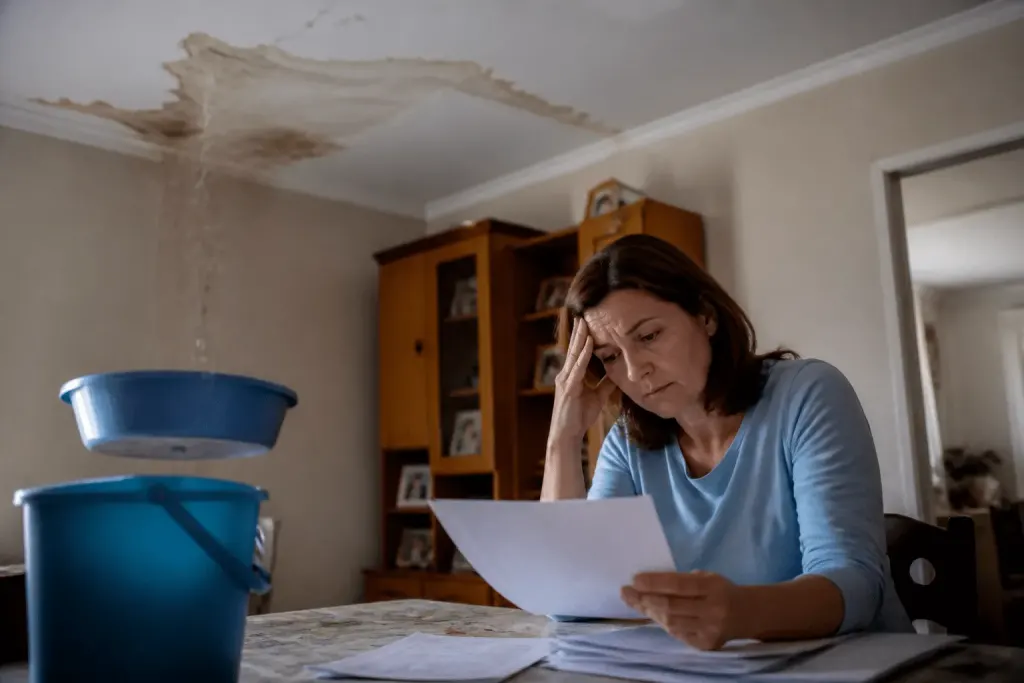 Toit endommagé avec fuites d'eau et documents administratifs