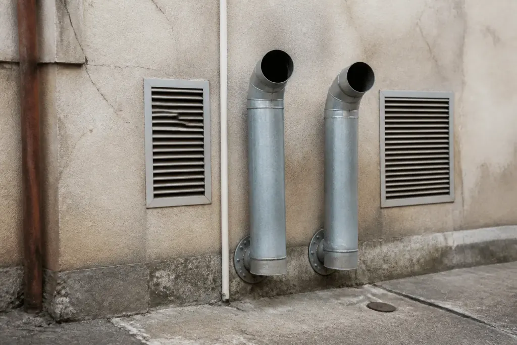 Tuyaux evacuation fumee chaufferie avec grilles aeration