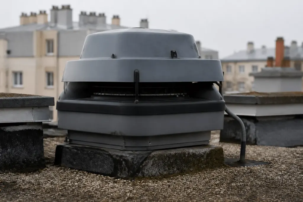 Caisson VMC bruyant sur toiture d'immeuble collectif