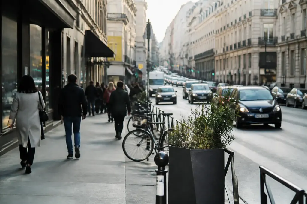 Centre-ville avec commerces ecoles pietons et trafic