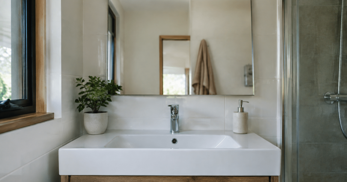 Miroir fixe au-dessus lavabo blanc rectangulaire salle bain