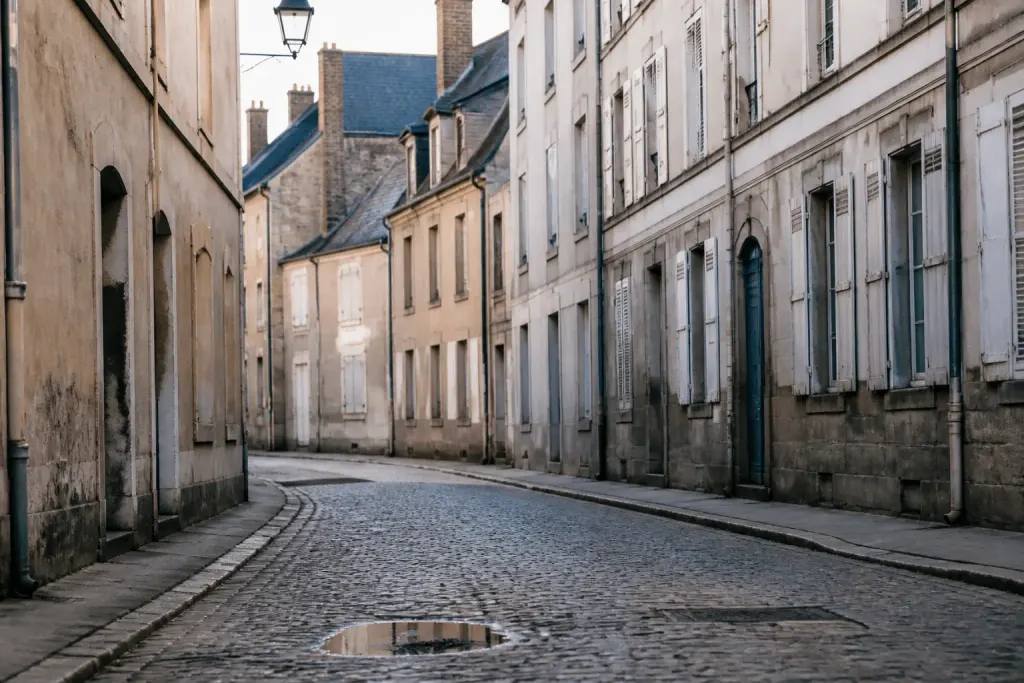Immeubles résidentiels et rues pavées du centre historique de Moulins