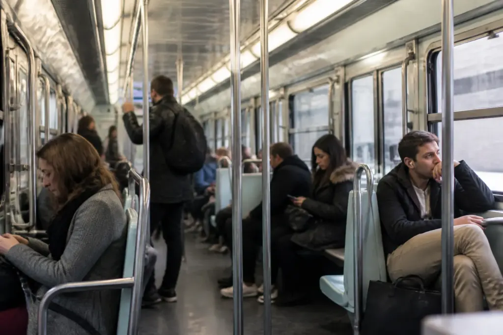 Interieur station metro avec voyageurs et signalisation