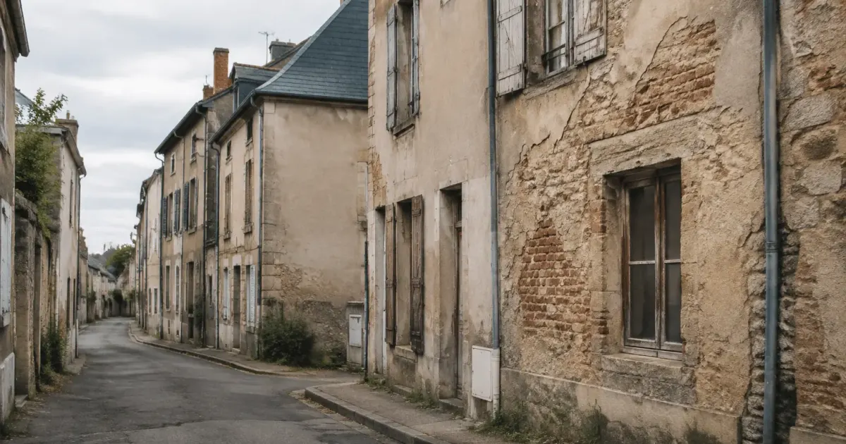 Rue degradee avec batiments delabres et facades usees a Moulins