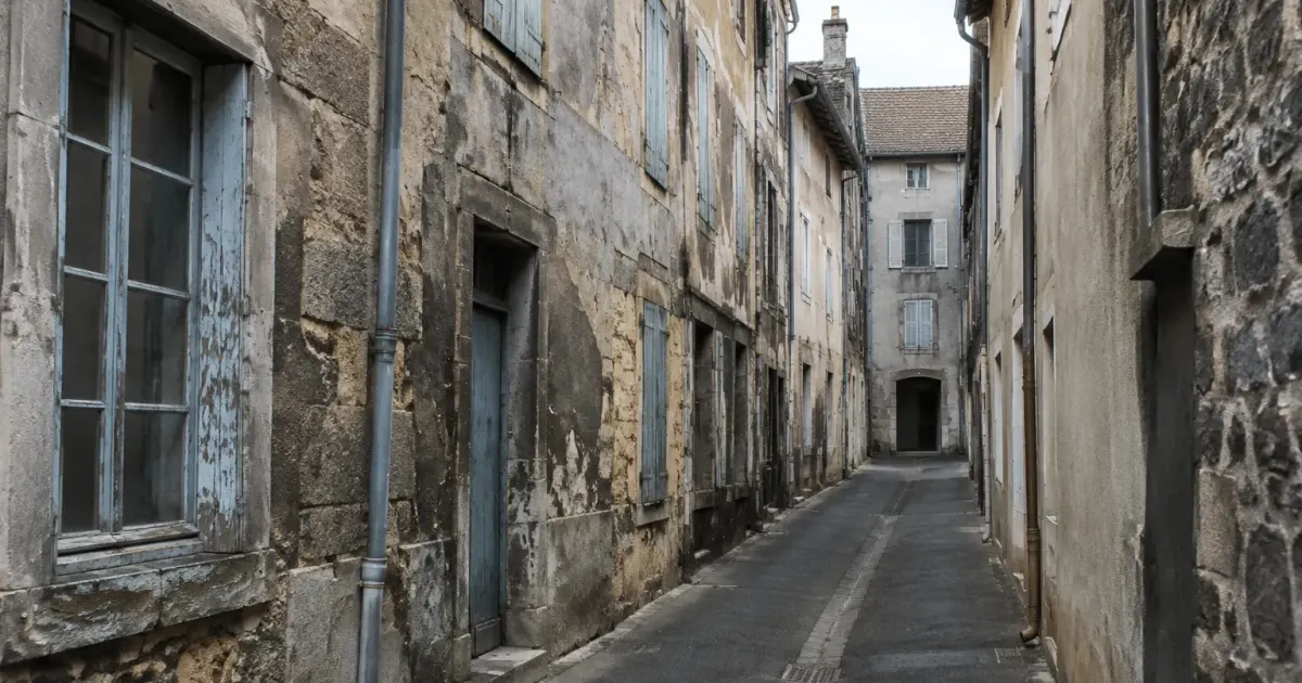 Rue etroite avec immeubles delabres et facade deterioree a Riom